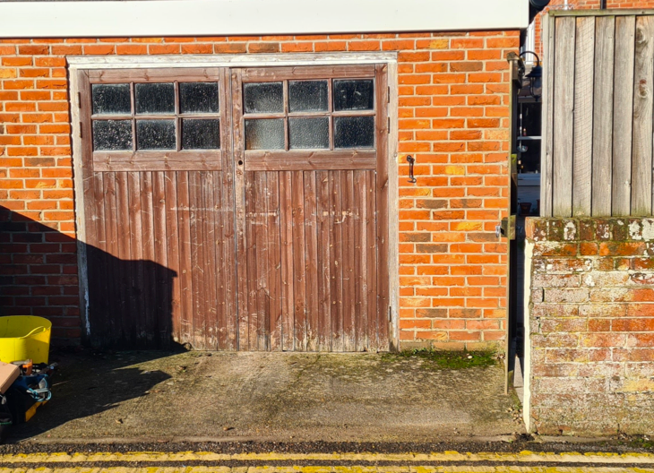 An old wooden garage door.