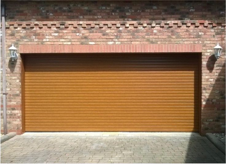 An orange roller garage door.